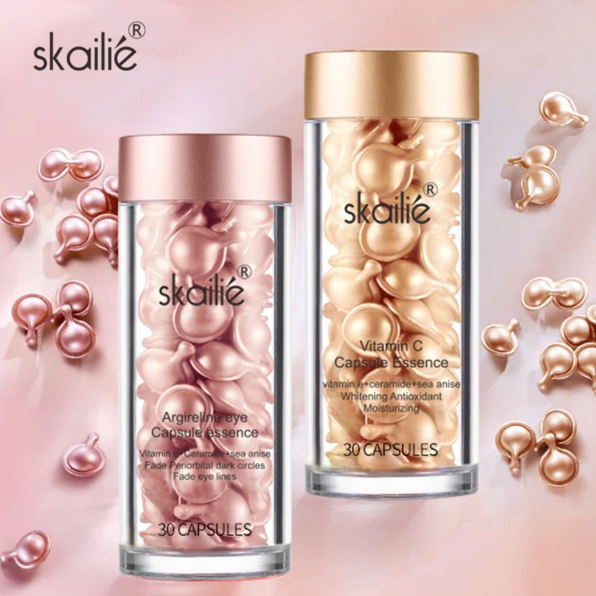 30 capsules * 2 bottles! Skailie 2-in-1 Essence Set: Six-Peptide Eye Cream + Vitamin C Facial Essence, organic anti-aging and brightening, private label details Picture