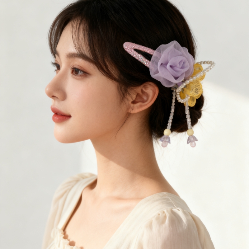 花朵珍珠侧边夹流苏碎发发夹优雅发饰头饰发卡