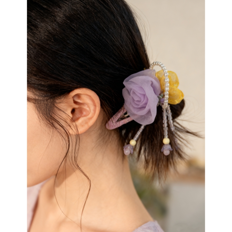 花朵珍珠侧边夹流苏碎发发夹优雅发饰头饰发卡细节图