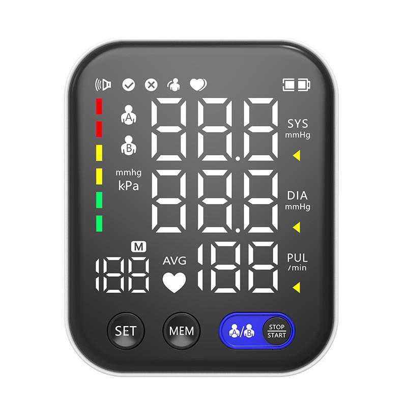The upper arm home blood pressure monitor features an LED screen display, one-click measurement, voice announcement, battery and USB dual functions Specification image