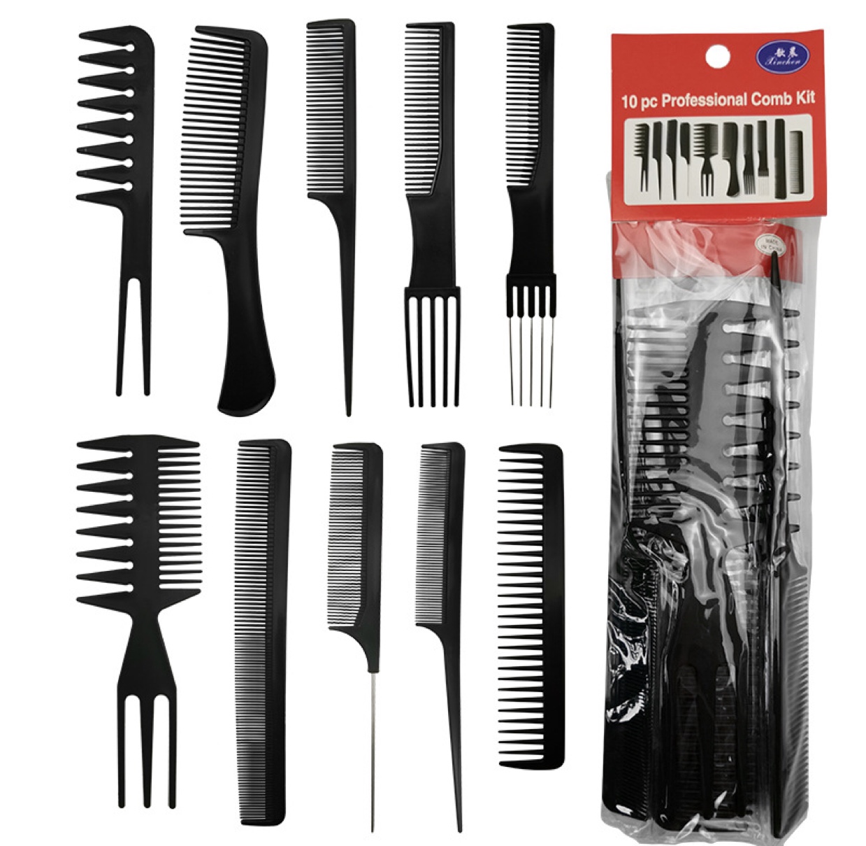 现美妆工具梳美发梳10件套外贸款梳塑料化妆梳黑色套装梳1