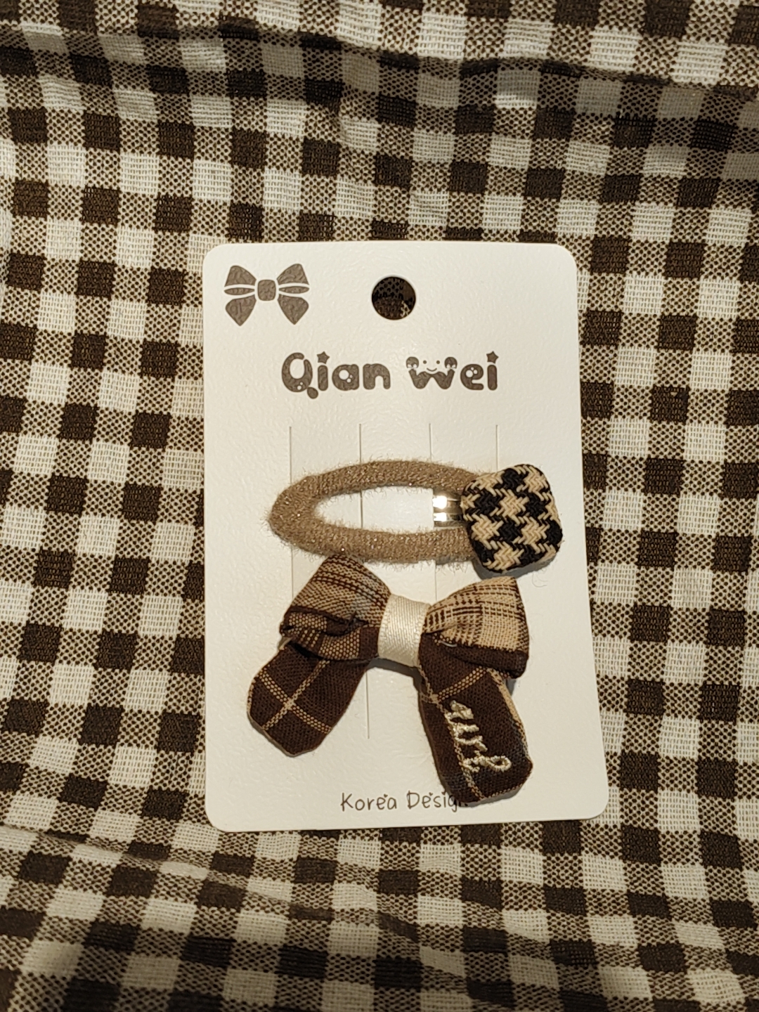 Korean-style coffee-colored button bow double combination hair clip