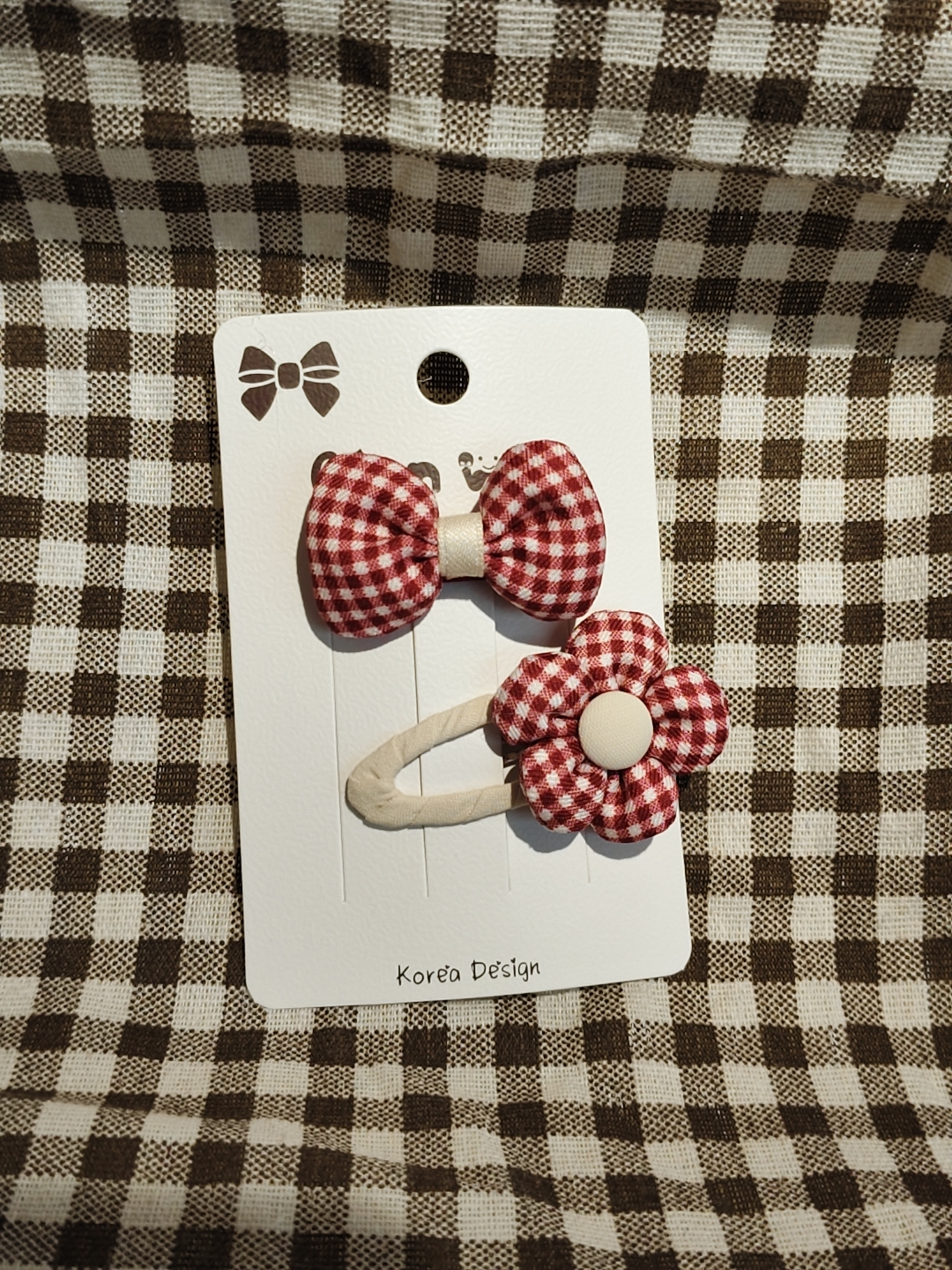 Korean version red checkered petal bow double combination hair clip