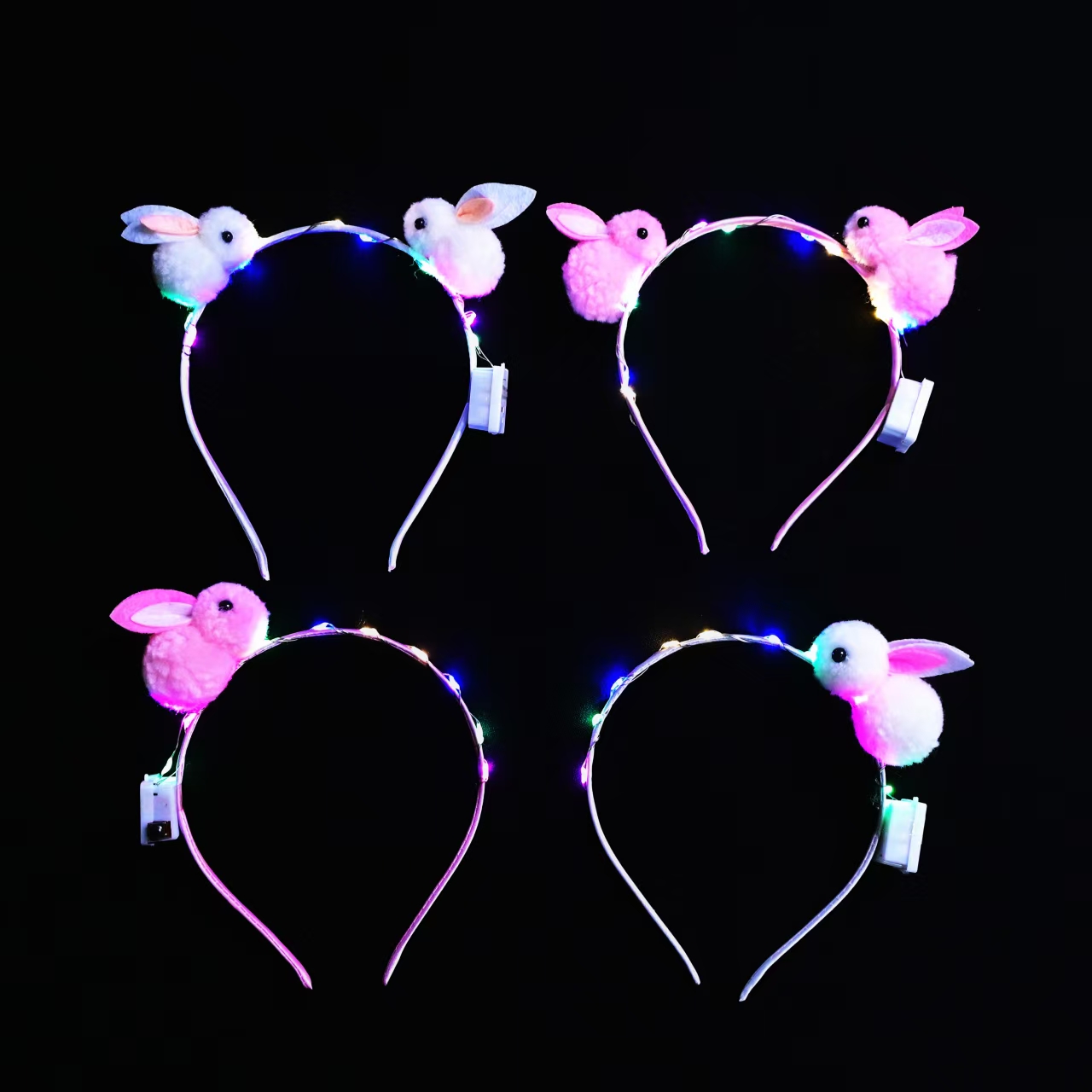 网红新款兔子发光发箍LED灯光小仙女闪光头饰抖音地推创意小礼品 毛绒小兔+七彩闪灯设计 粉白可选夜市地摊热卖发光小玩具白底实物图