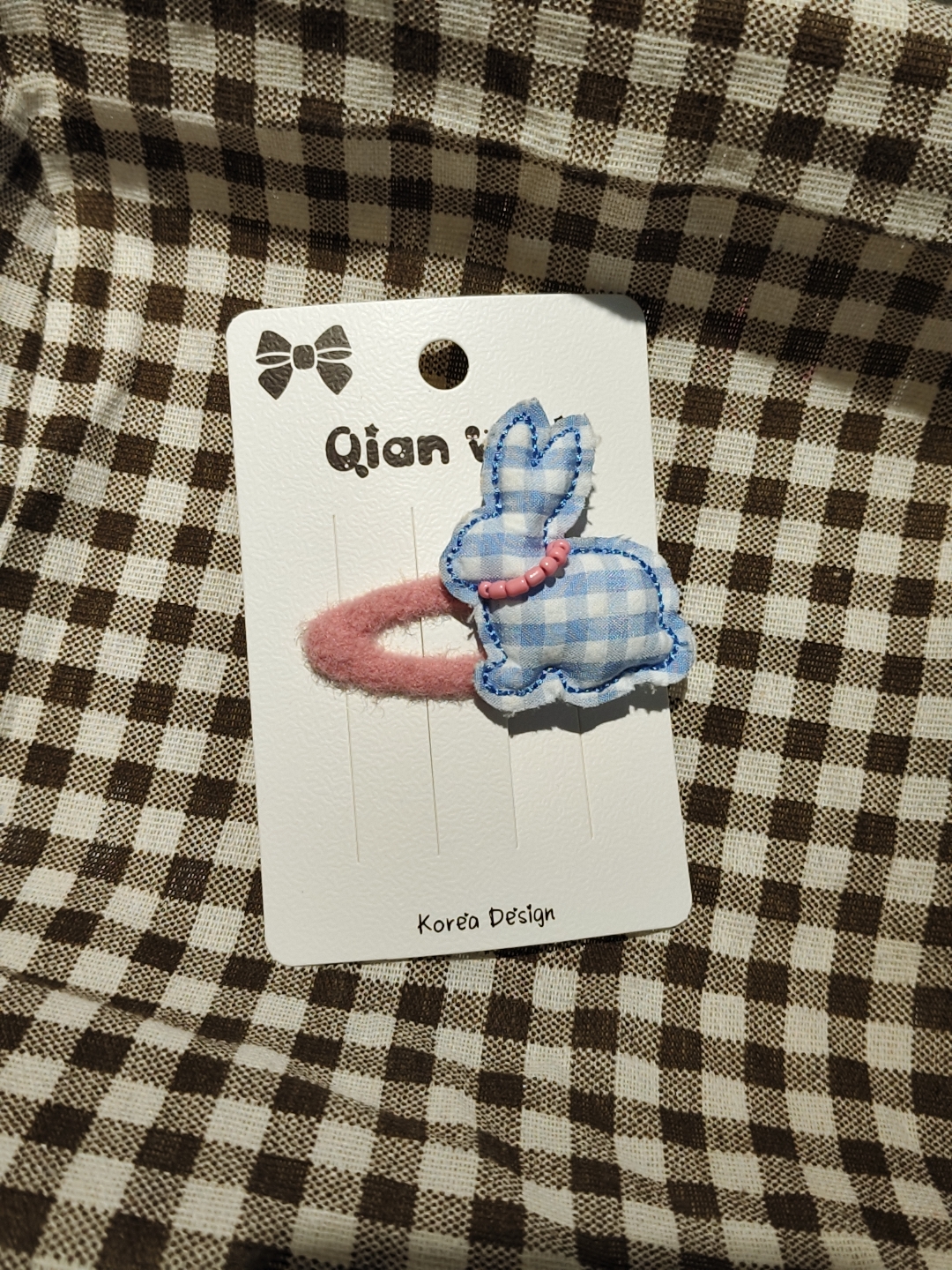 Korean version blue checkered rabbit with chain hair clip