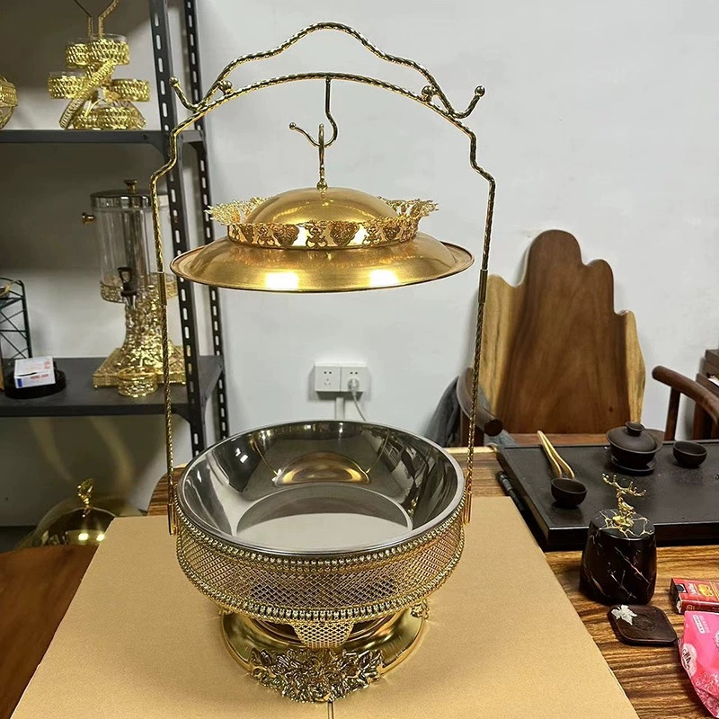 Round stainless steel hanging lid dining stove, hotel commercial food insulation container with bracket buffet stove Application Scenario