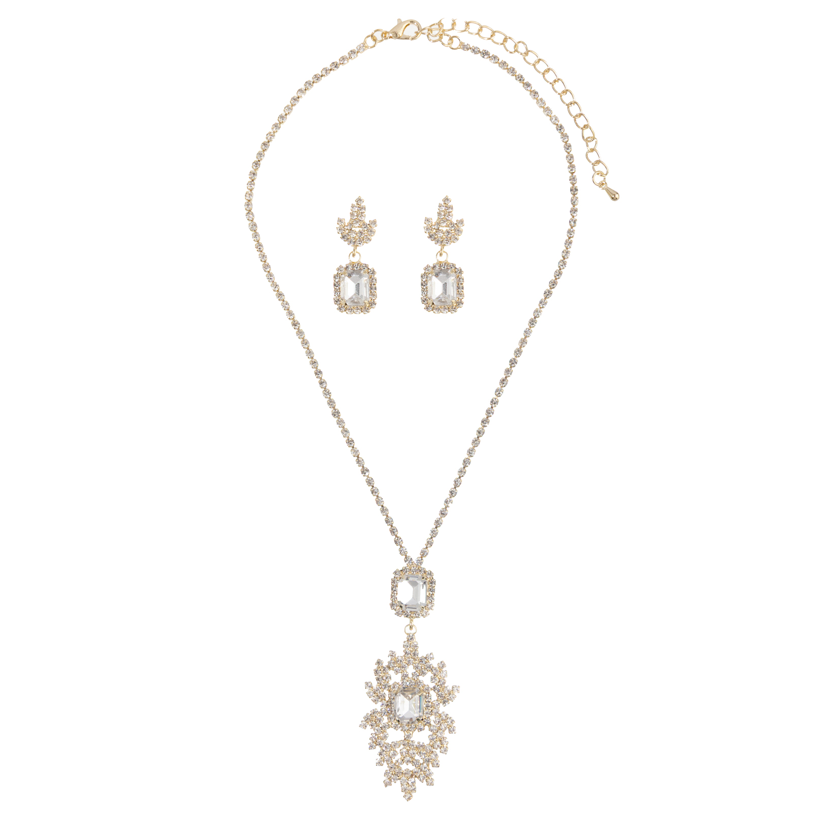 Cross-border supply square water diamond snowflake-shaped necklace + earrings two-piece elegant and refined jewelry set, European and American bride wedding dress accessories and ornaments