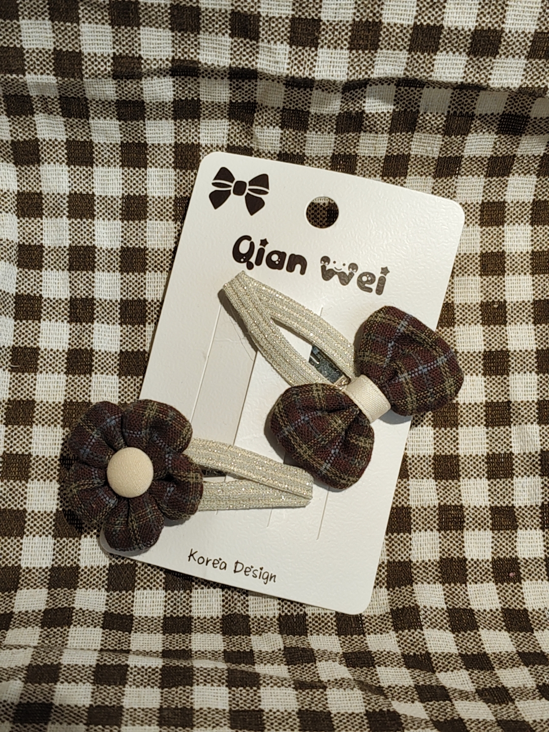 Korean version dark checkered shiny background pattern petal bow double combination hair clip