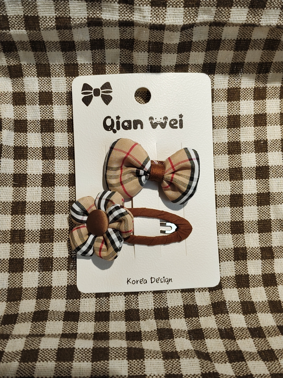 Korean version brown denim checkered bow petal double combination hair clip