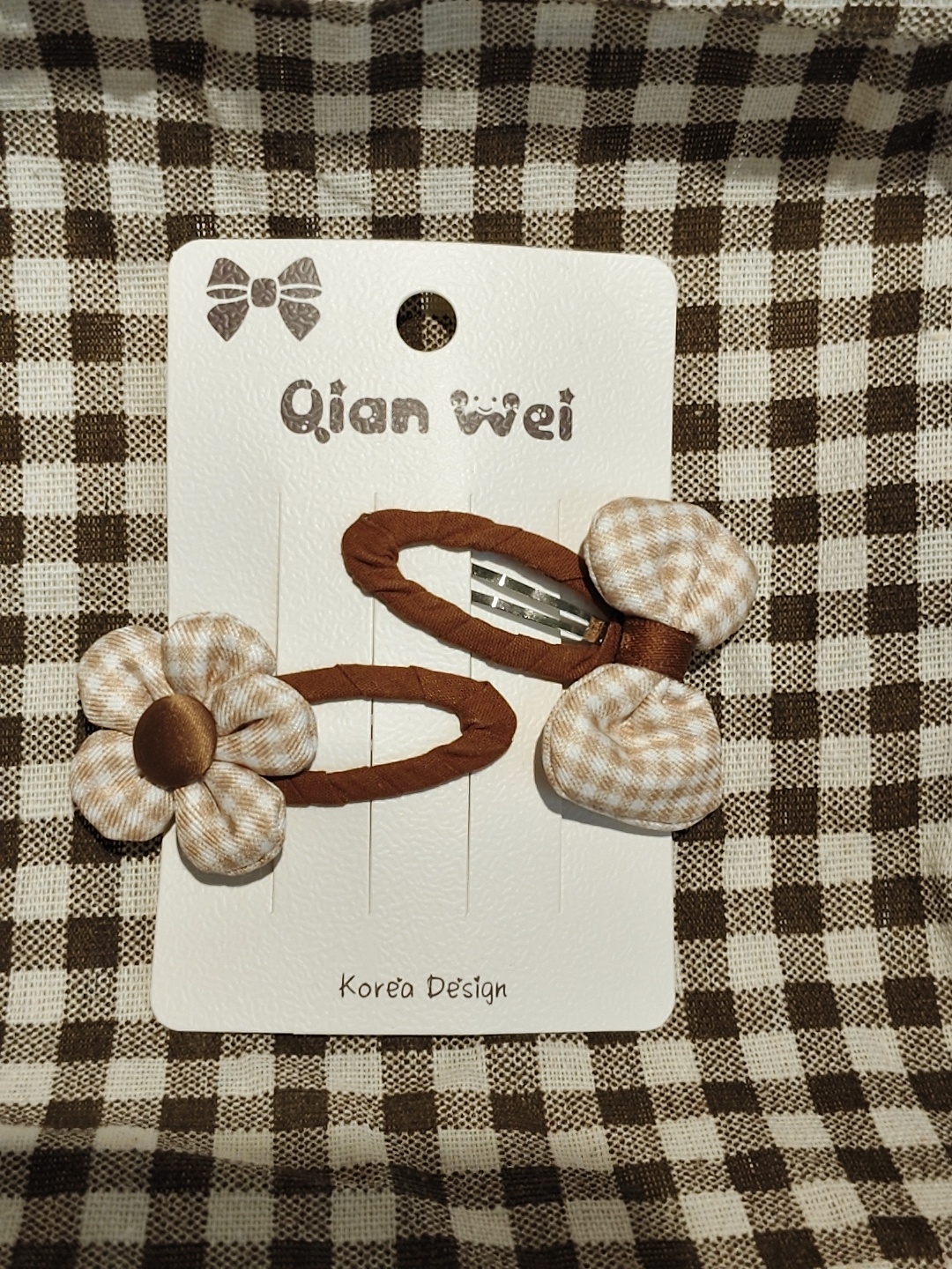 Korean light coffee-colored checkered petal bow double combination hair clip