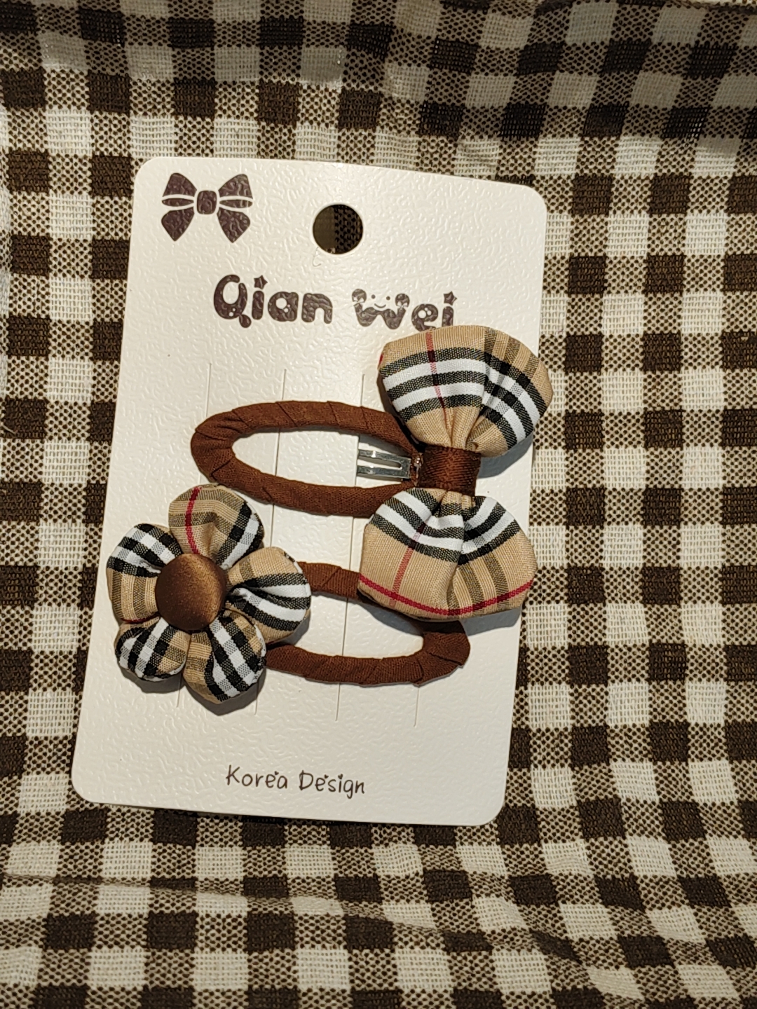 Korean version dark coffee-colored striped petal bow double-piece hair clip