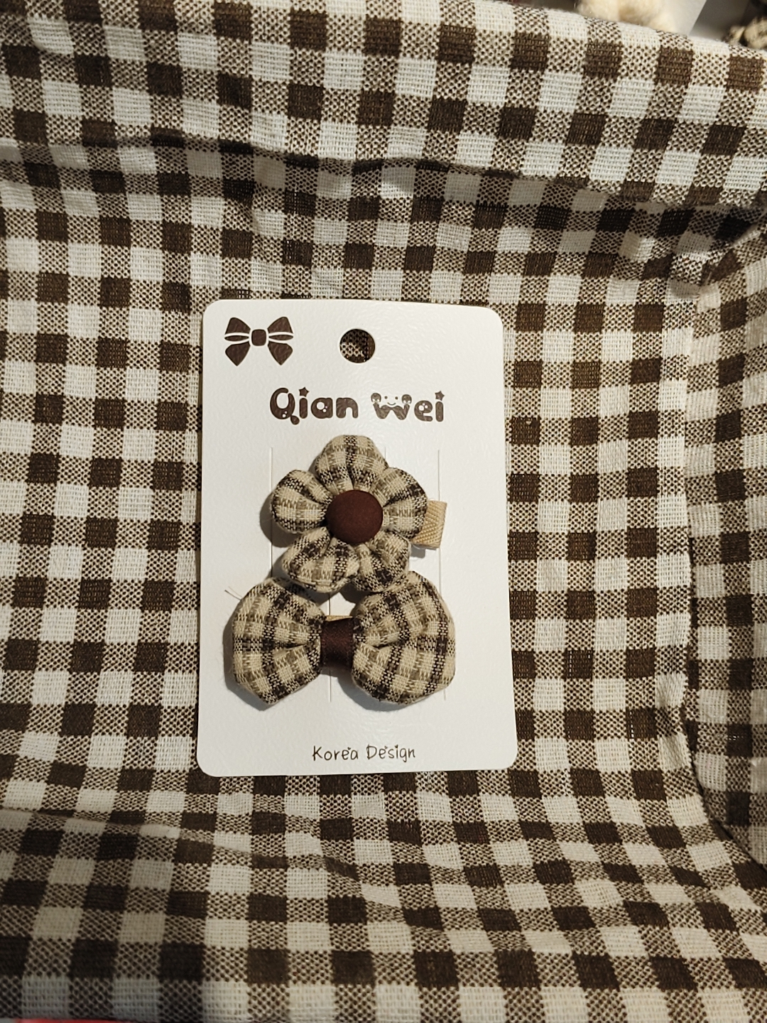 Korean-style dark checkered petal bow double combination hair clip