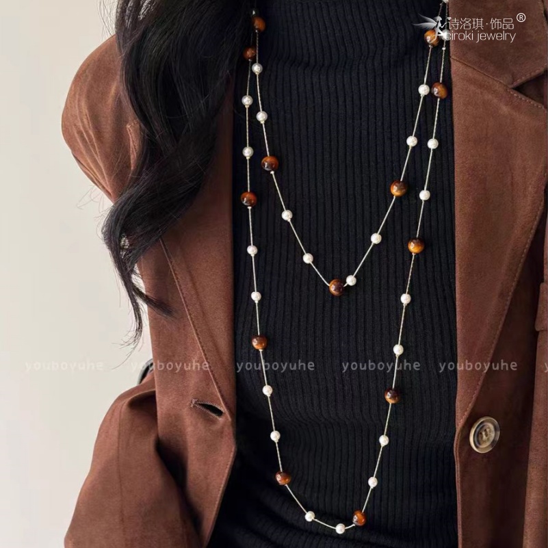 诗洛琪饰品美拉德虎眼石珍珠项链女款轻奢高级感多层叠戴毛衣链复古秋冬配饰