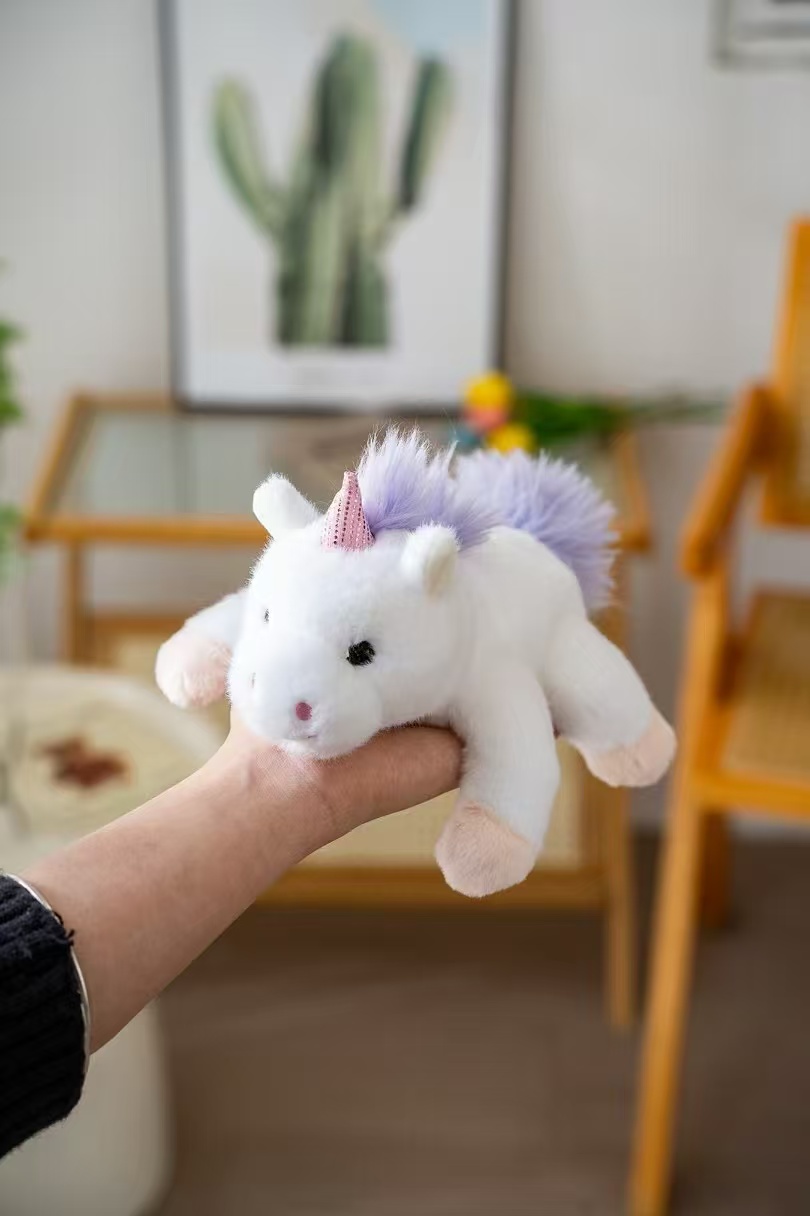 18cm fragrant, milky white soft fleece unicorn plush doll, pink with sparkling horns, light purple mane, cute style doll, palm comfort and companion decoration details Picture