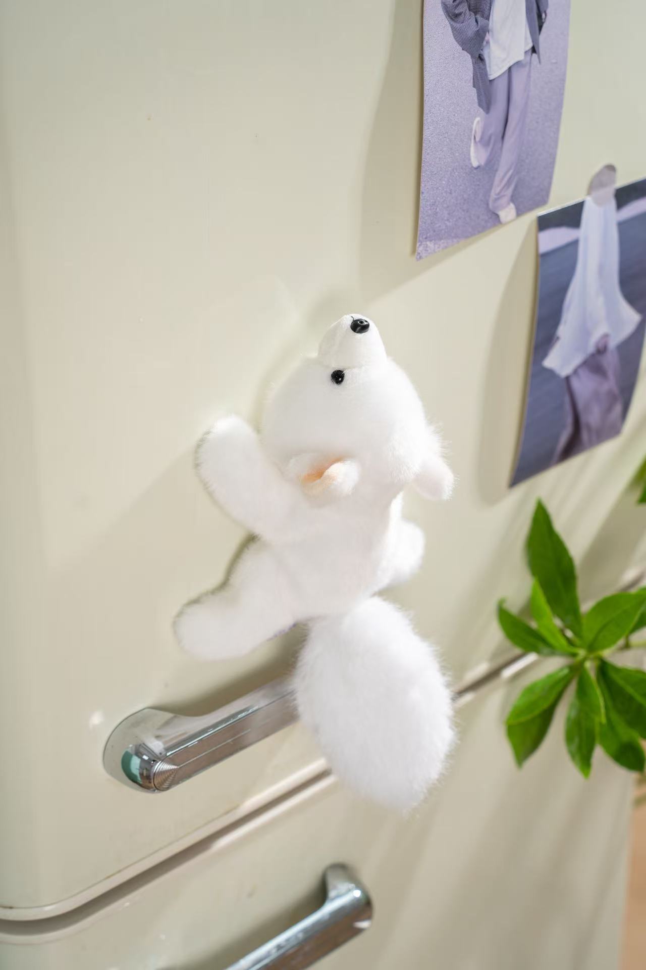 12mc milk white crouching little fox plush toy with magnets on all four legs that can attract soft fluff, a soothing companion ornament