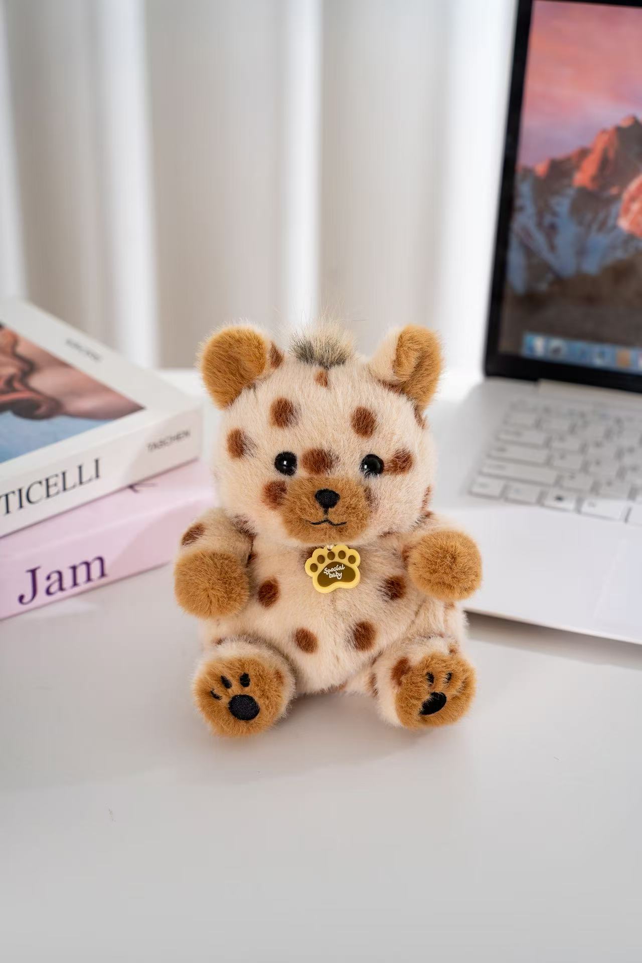 16cm round brown-spotted cute hyena plush toy, soft fleece, fried fur sitting doll, palm comfort, tag companion small ornament