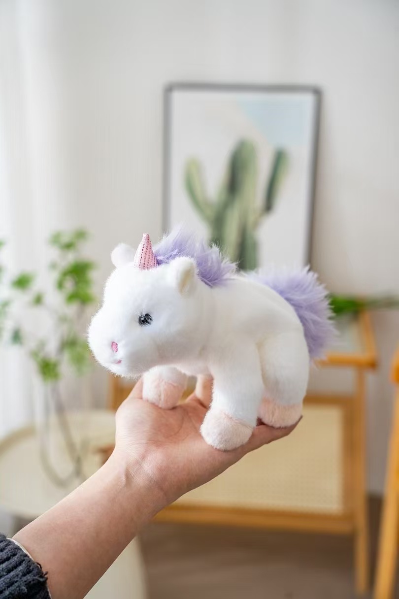 18cm fragrant, milky white soft fleece unicorn plush doll, pink with sparkling horns, light purple mane, cute style doll, palm comfort and companion decoration Specification image
