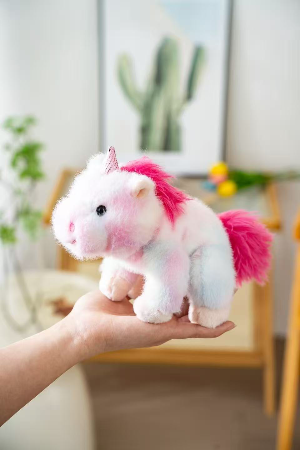 18cm Fragrant macaron gradient one-horned animal plush doll, pink sparkling horn rose red mane soft plush doll, palm comfort and cute companion decoration details Picture
