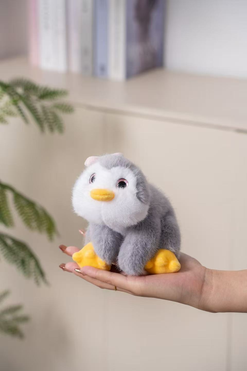 18cm fragrant grey plush penguin plush doll, pink ears, yellow feet, soft and cute doll, soothing palm companion decoration