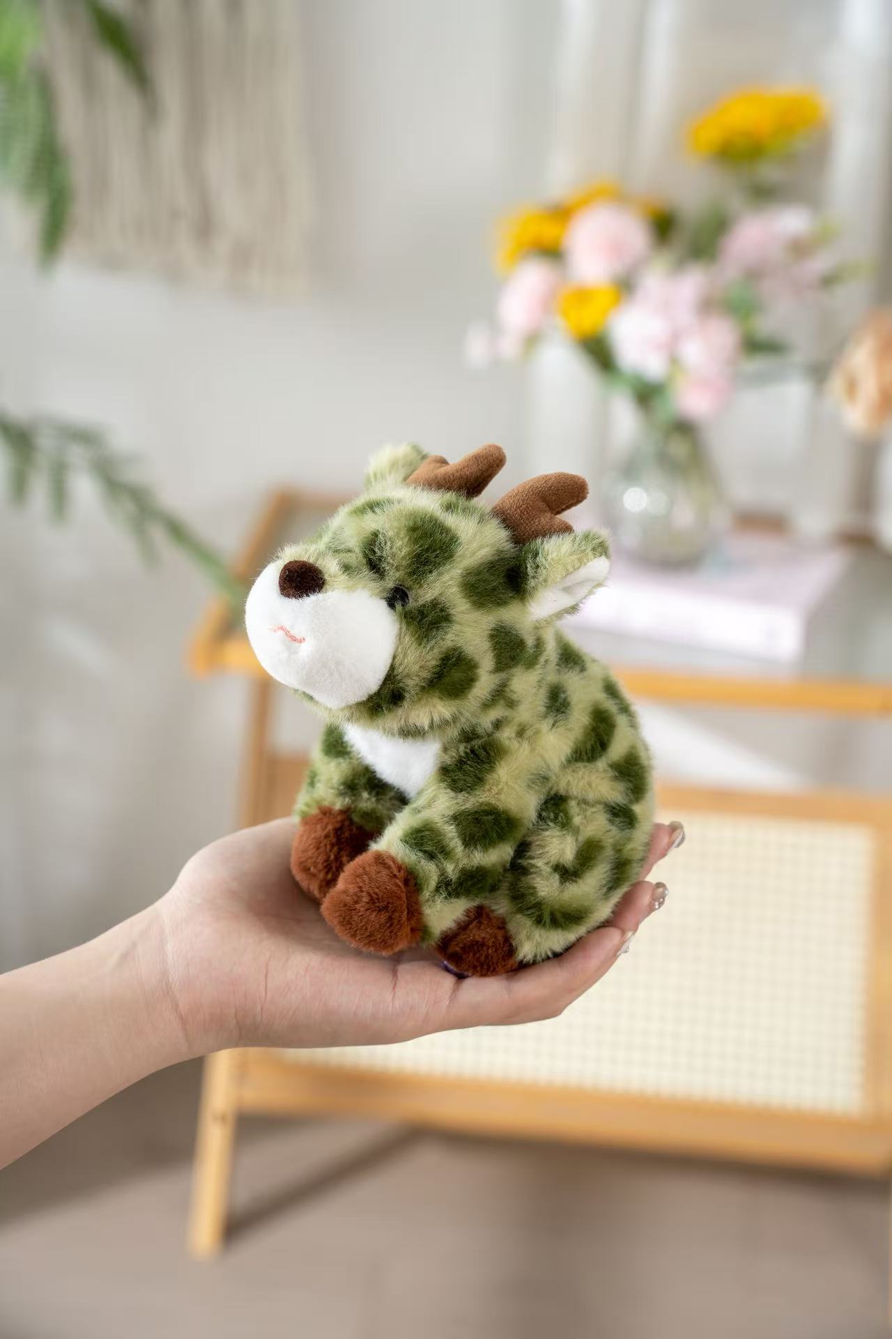18cm fragrant green-patterned brown-horned crouching little deer plush doll, soft and cute white-nosed doll, palm comfort and companionship small ornament Item Picture