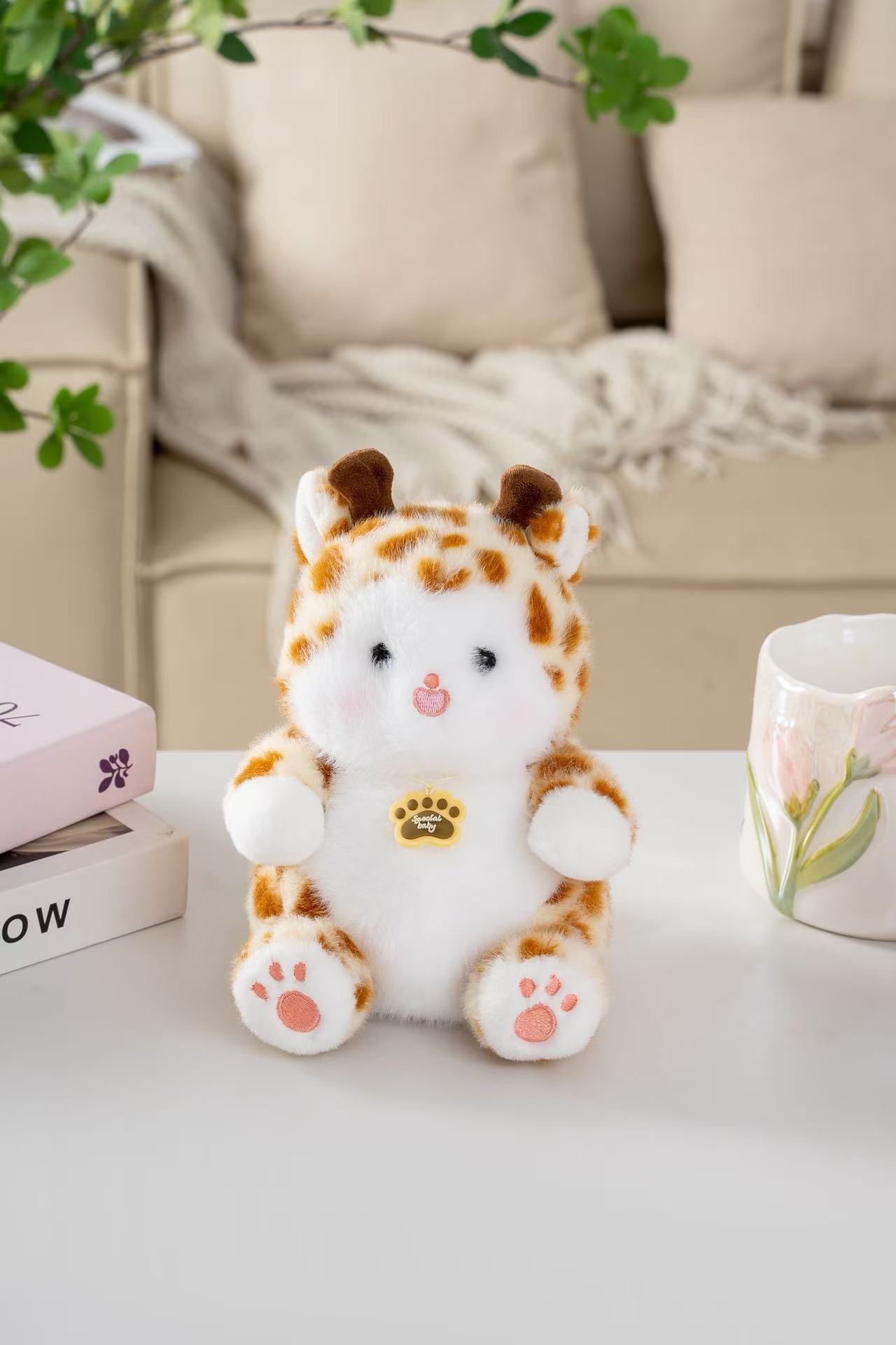 16cm round brown and white spotted cute deer plush toy, soft velvet pink nose sitting doll, palm palm healing tag companion small ornament