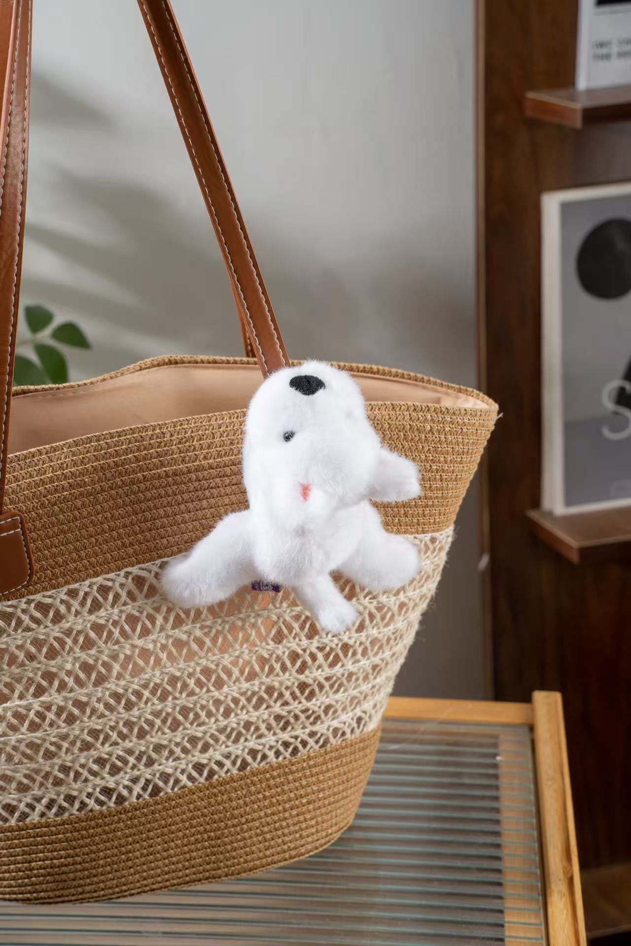 12mc milk white prone puppy plush toy with magnets on all four legs for soft fluff attraction, a soothing desktop car decoration