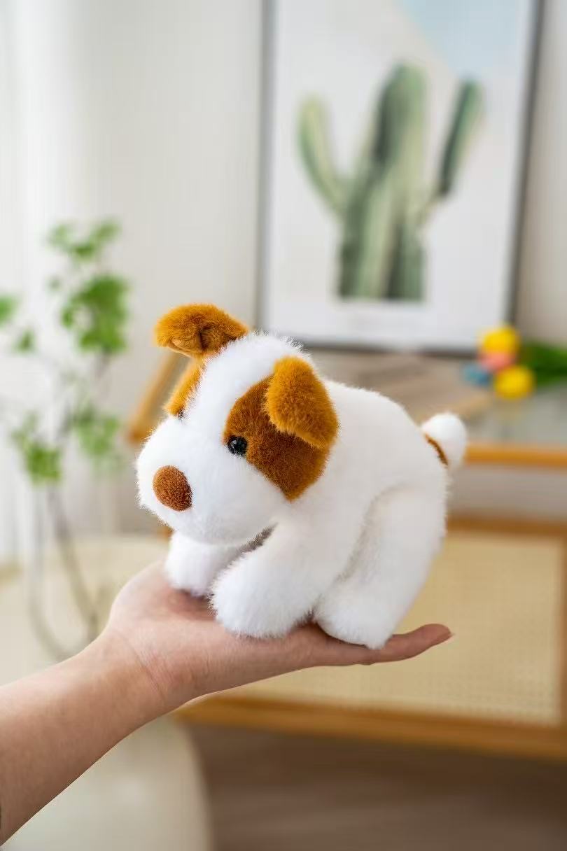 18cm fragrant white and brown color-combined prone puppy plush toy, soft and cute brown-eared doll, palm comfort and companionship small ornament details Picture