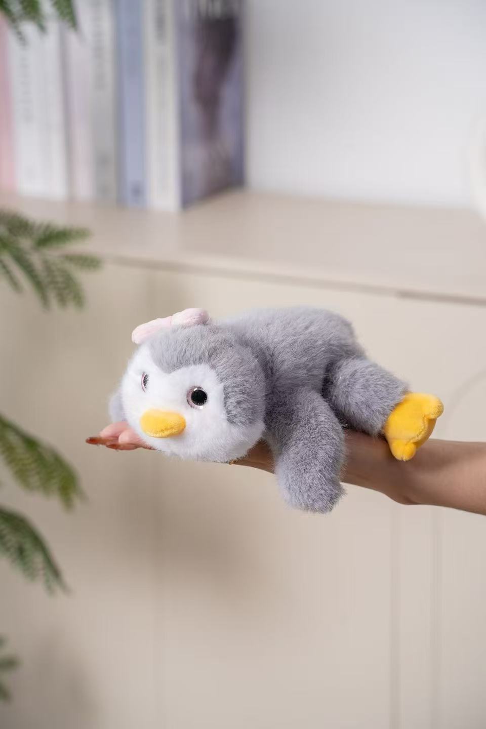 18cm fragrant grey plush penguin plush doll, pink ears, yellow feet, soft and cute doll, soothing palm companion decoration details Picture