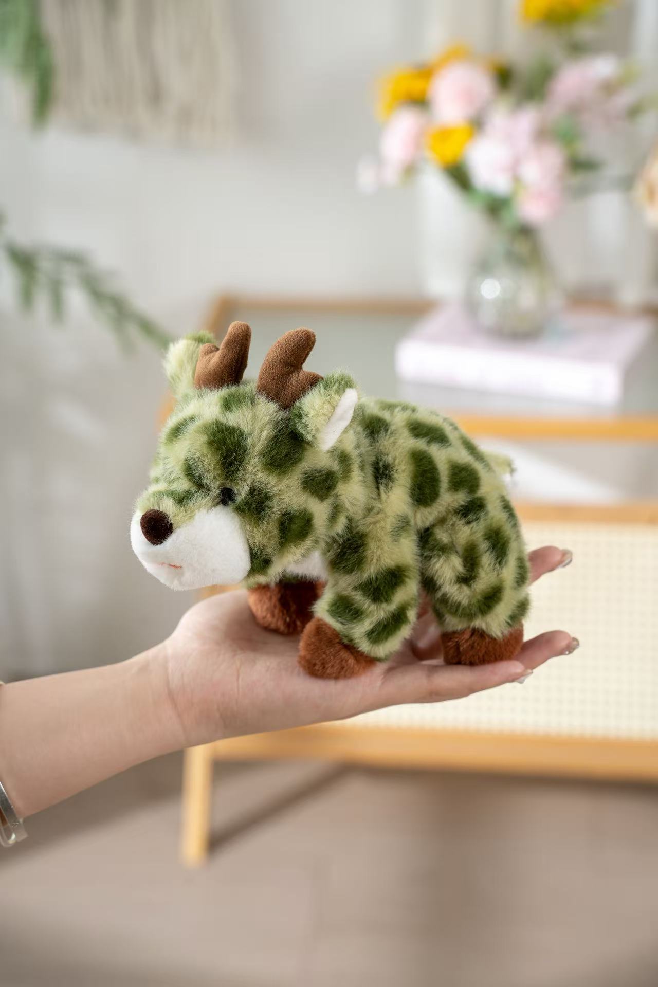18cm fragrant green-patterned brown-horned crouching little deer plush doll, soft and cute white-nosed doll, palm comfort and companionship small ornament