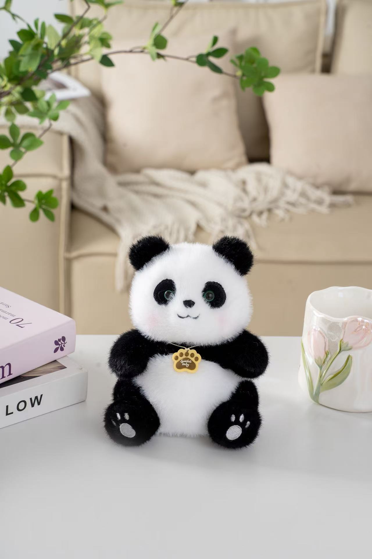 16cm round black and white cute panda plush toy, soft fleece bright eyes sitting doll, palm palm healing tag companion small ornament