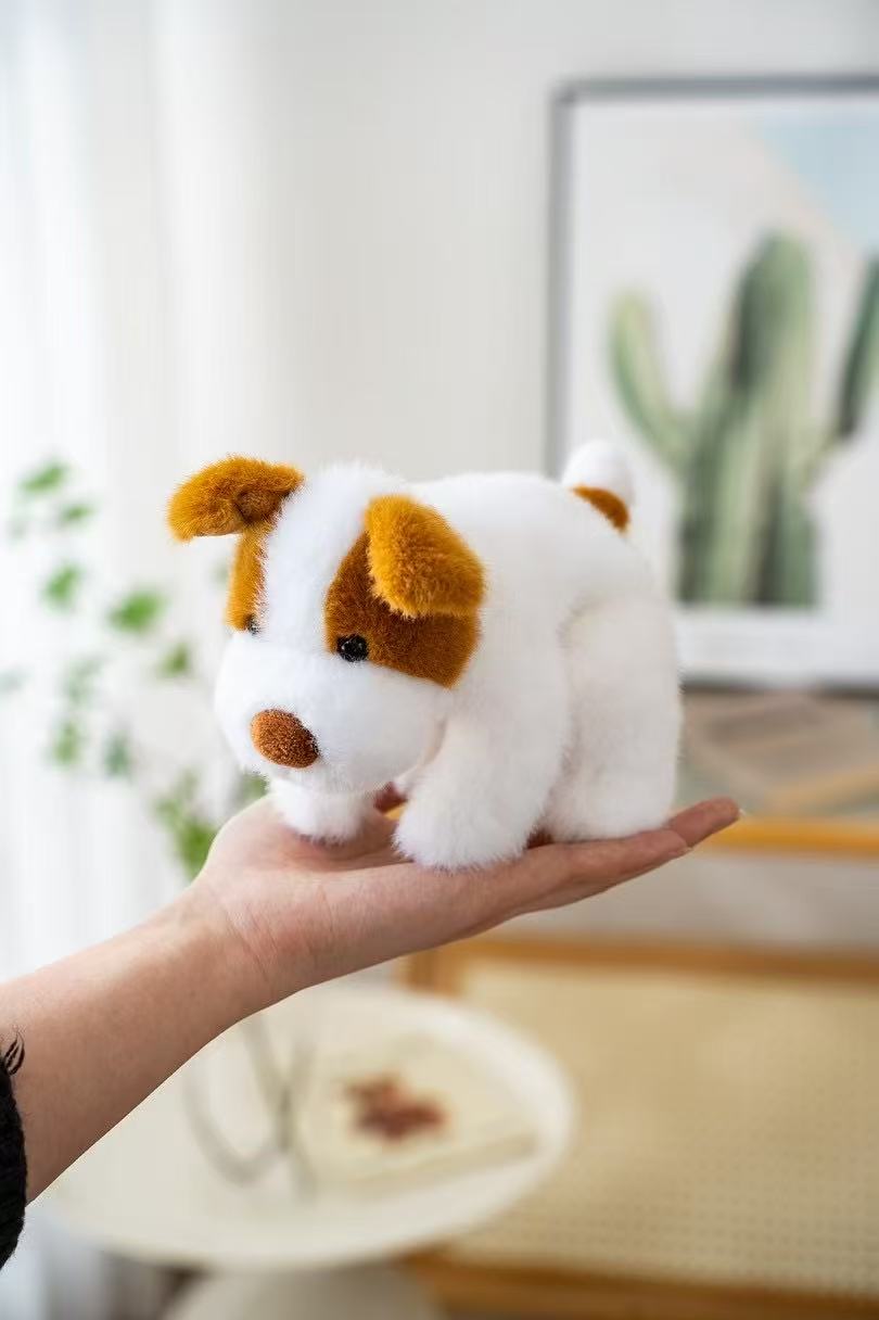 18cm fragrant white and brown color-combined prone puppy plush toy, soft and cute brown-eared doll, palm comfort and companionship small ornament Specification image