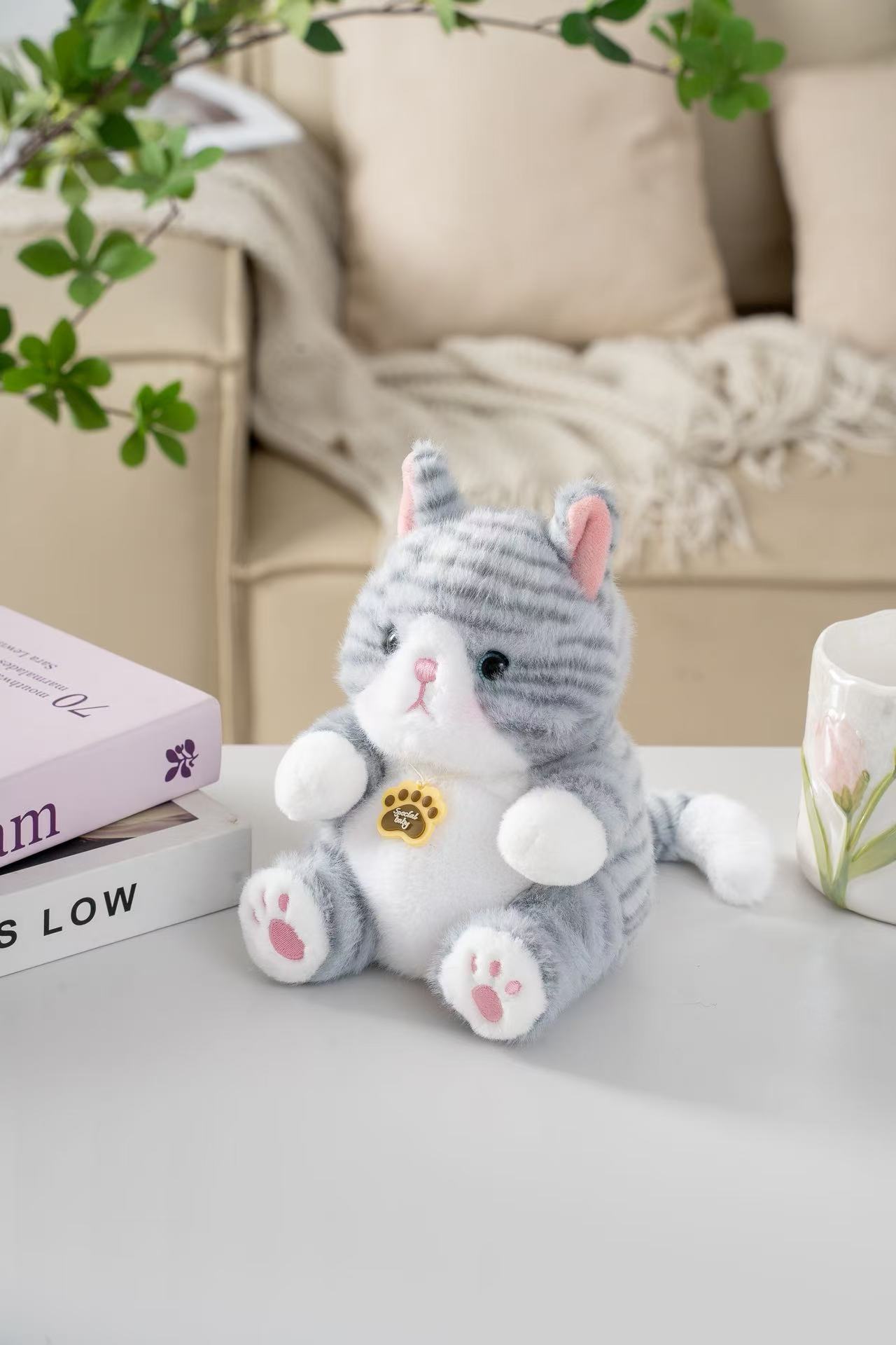 16cm round, grayish-white striped, cute little cat plush toy, soft down, pink nose, pink claws, sitting doll, palm, comforting, tag companion small ornament