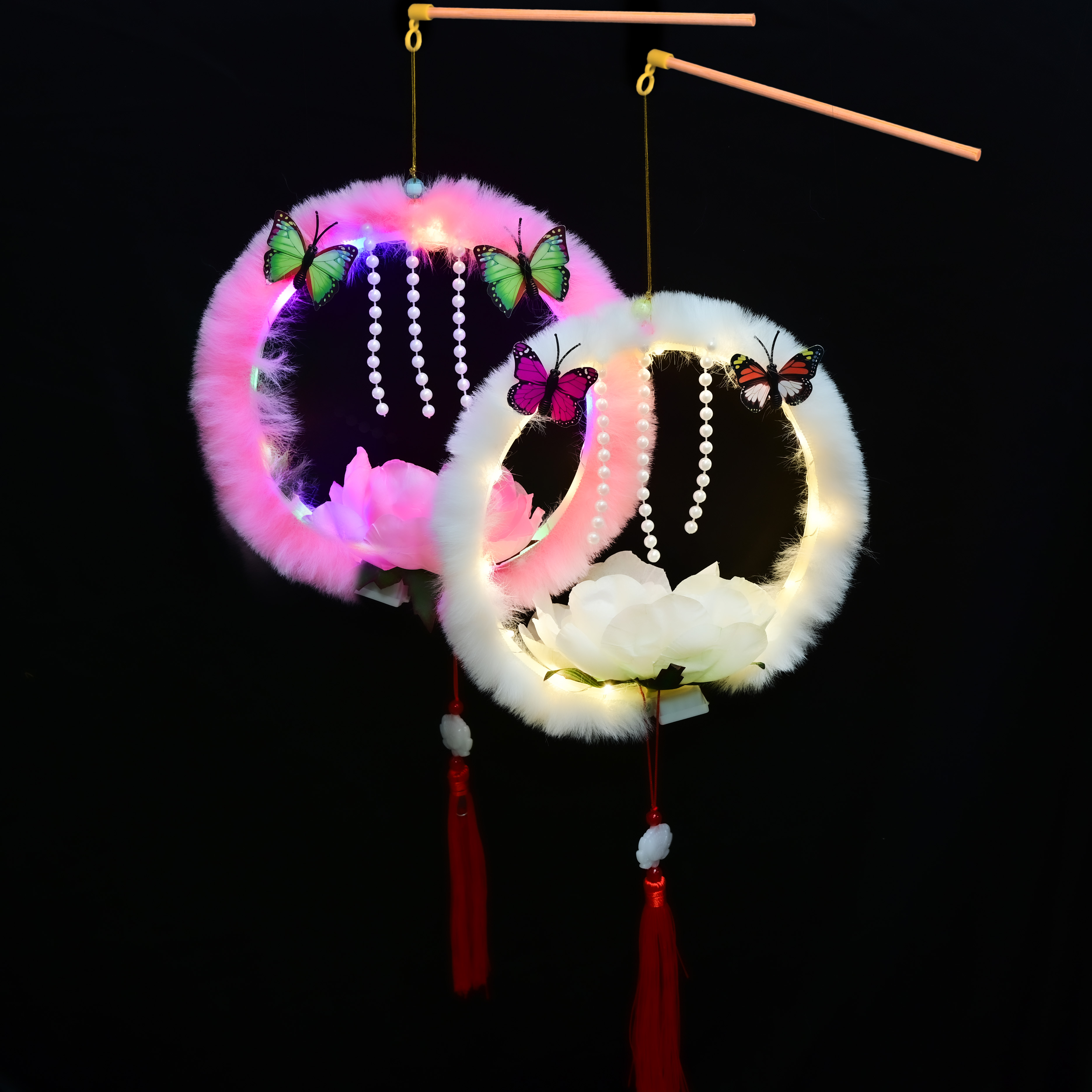 发光玩具手提发光龙角花灯春节元宵摆摊闪光灯笼玉兔花灯多款造型含蝴蝶、花卉元素 带灯串流苏手持提灯节日汉服拍照道具古风摆件白底实物图