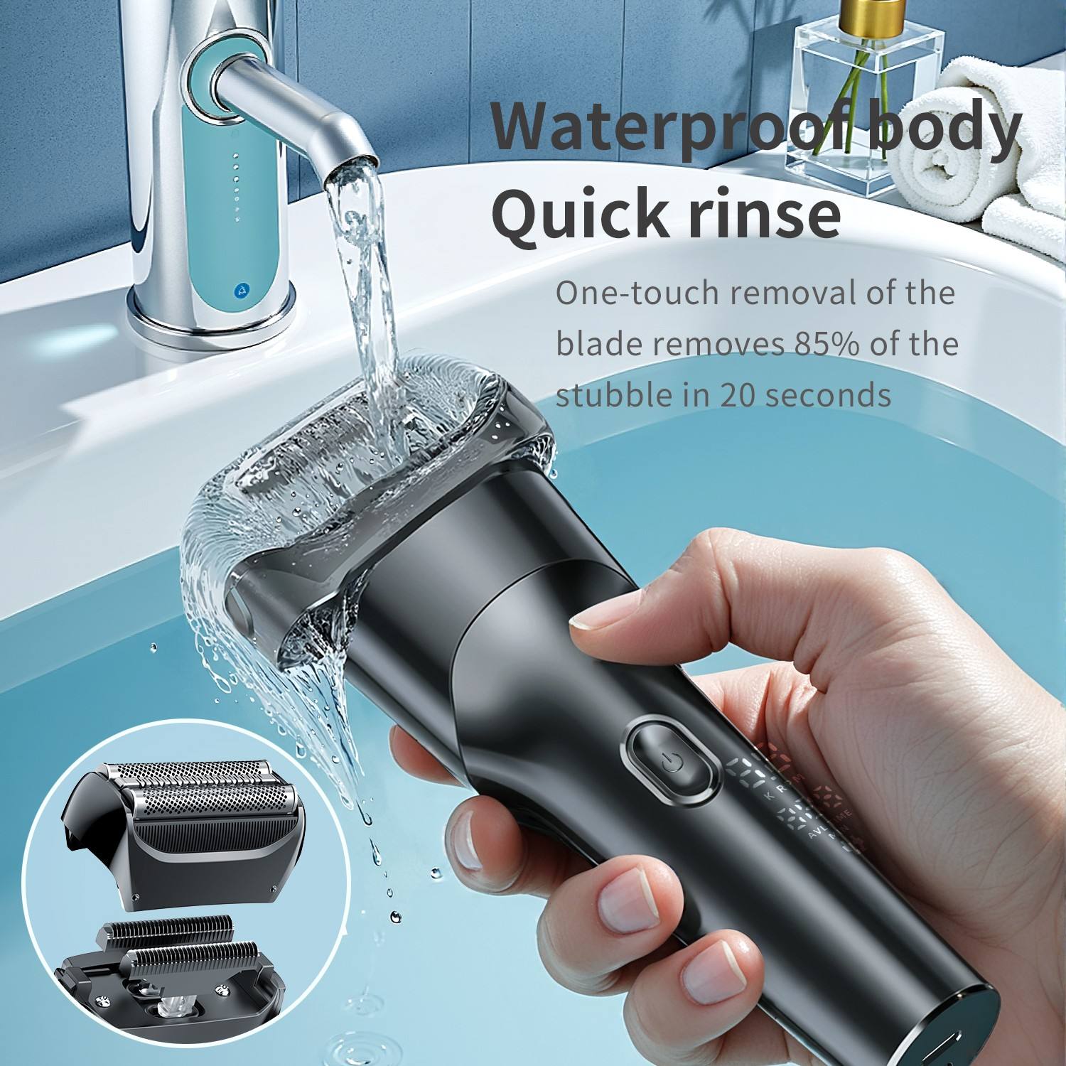 定制OEM & ODM男士电动剃须刀IPX6可充电发光二极管显示器便携式男士箔电动剃须刀白底实物图