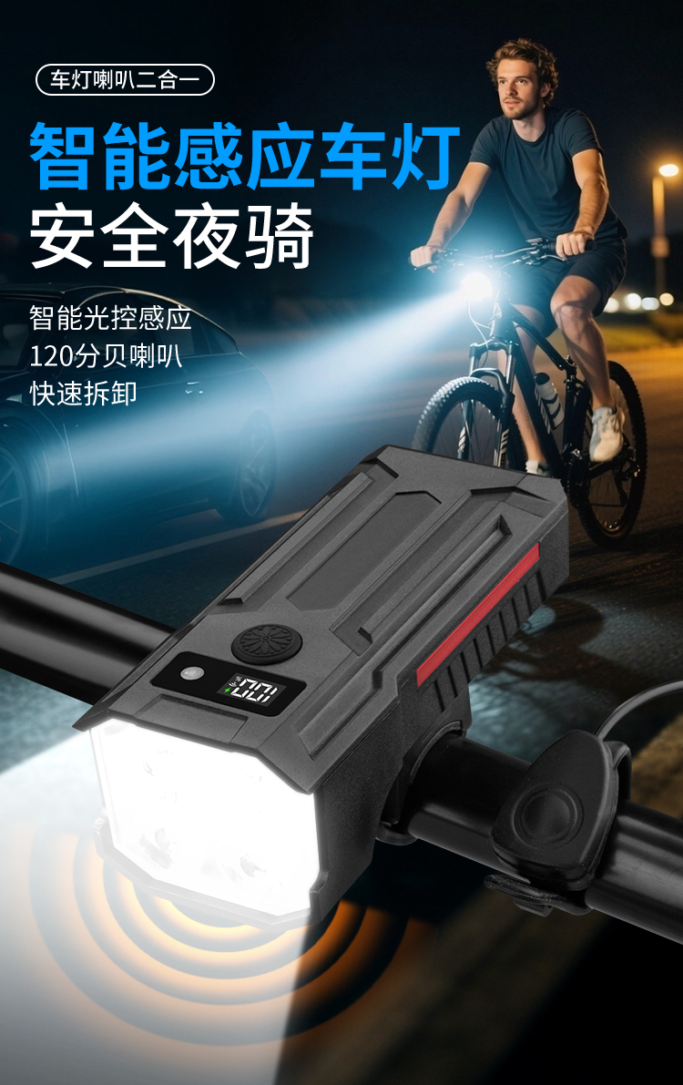 TQ02, TQ03 horn headlights, bicycle headlights, USB charging horn headlights, battery level display, mountain bike solar headlights, cycling lights, headlights, high-intensity flashlights pic 1