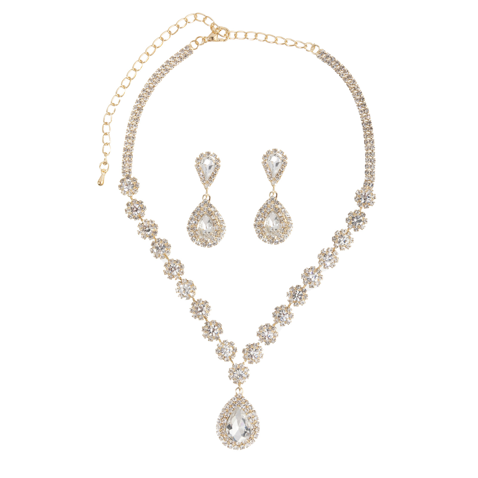 New court-style cross-border teardrop-shaped earrings, necklace and rhinestone set, elegant and refined bridal wedding banquet accessories