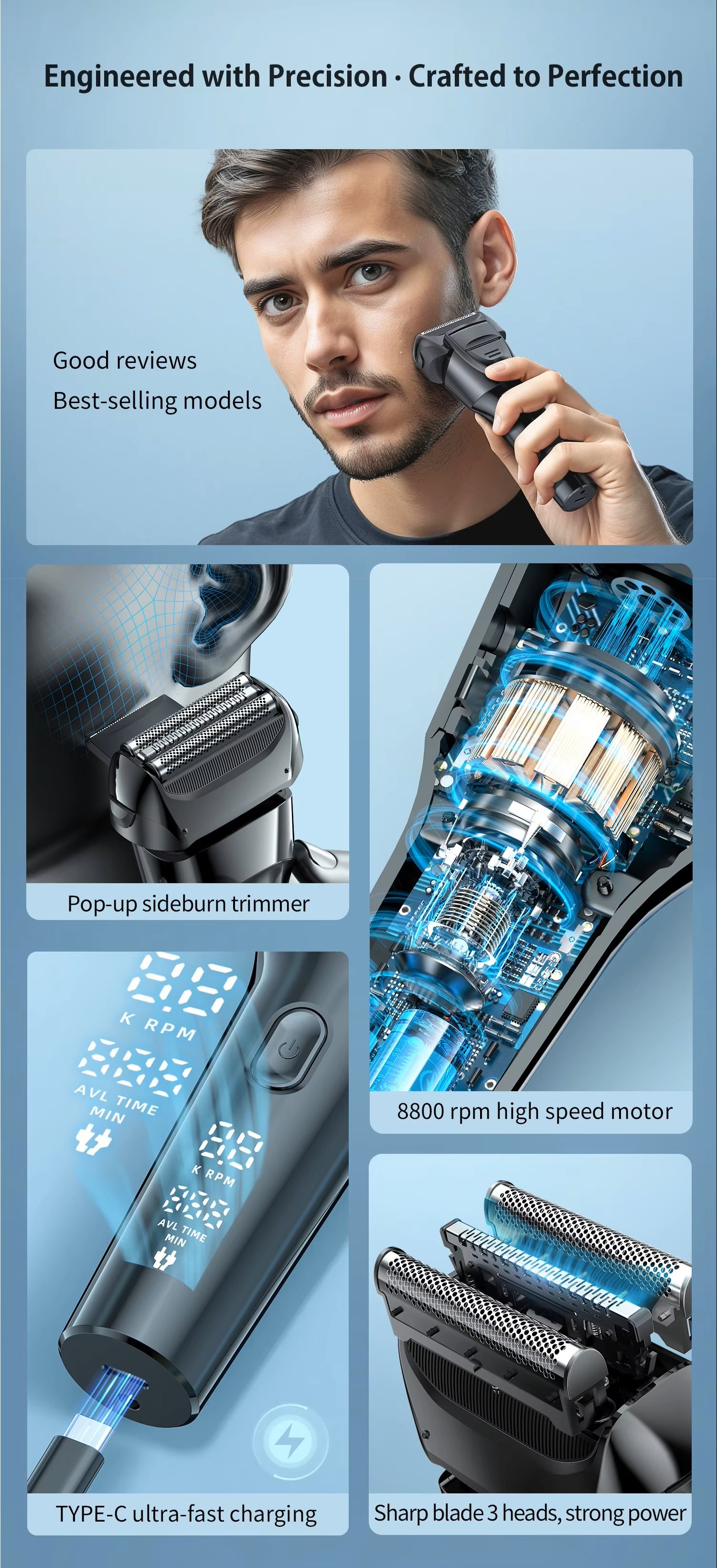 定制OEM & ODM男士电动剃须刀IPX6可充电发光二极管显示器便携式男士箔电动剃须刀详情5