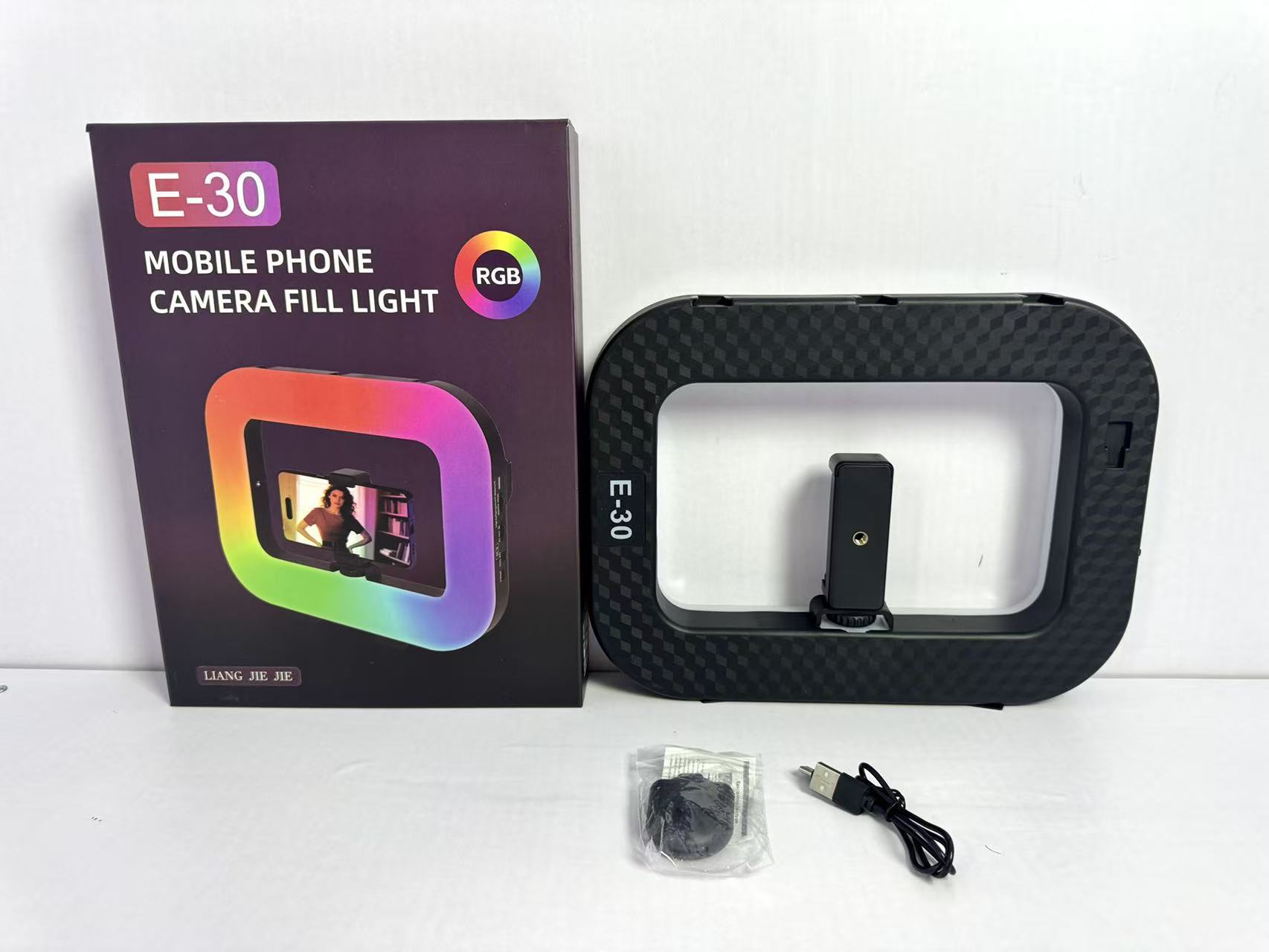 LED overhead shooting light E-30 circular fill light RGB three-color rabbit cage mobile phone portable outdoor shooting charging selfie light Specification image