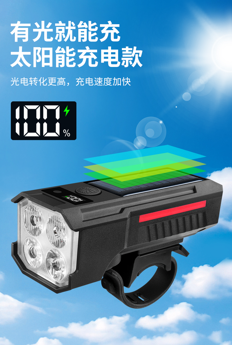 TQ02, TQ03 horn headlights, bicycle headlights, USB charging horn headlights, battery level display, mountain bike solar headlights, cycling lights, headlights, high-intensity flashlights pic 6