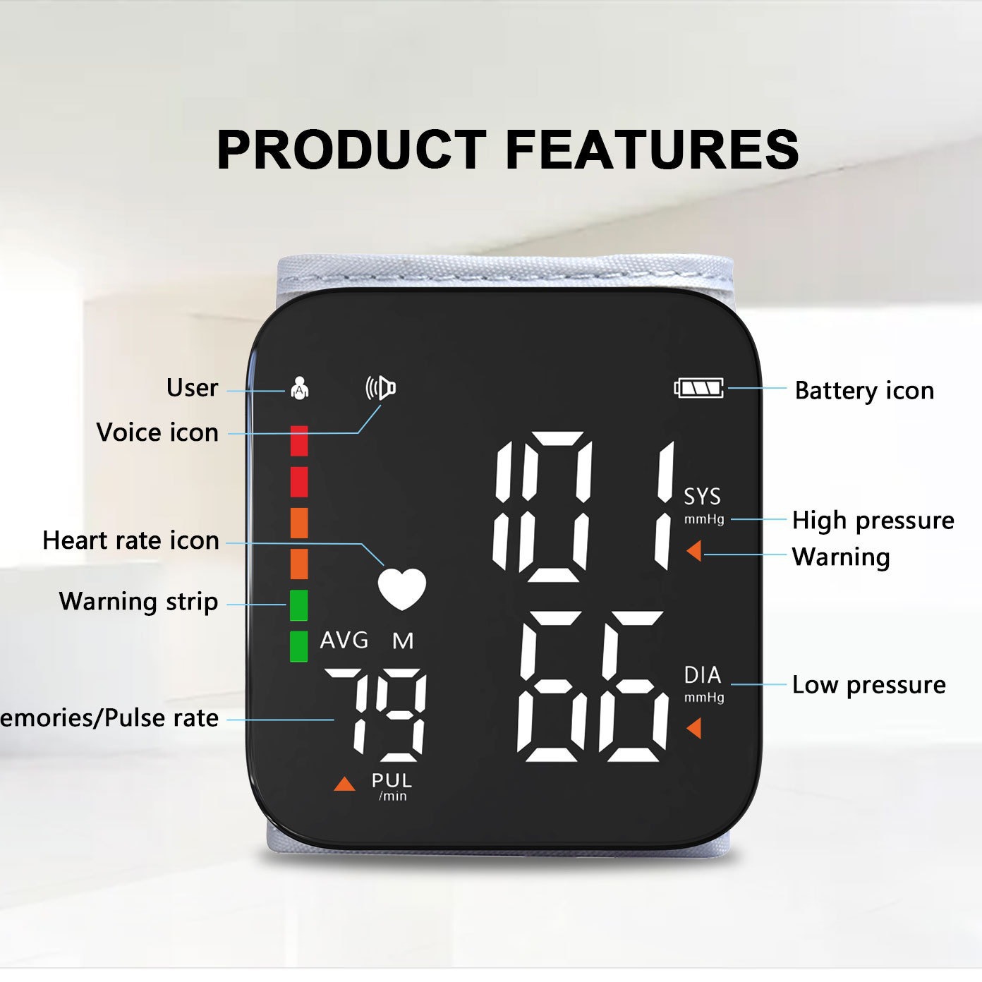 Medical wrist-type fully automatic English electronic blood pressure monitor, multi-group memory blood pressure measuring instrument, home blood pressure monitor details Picture