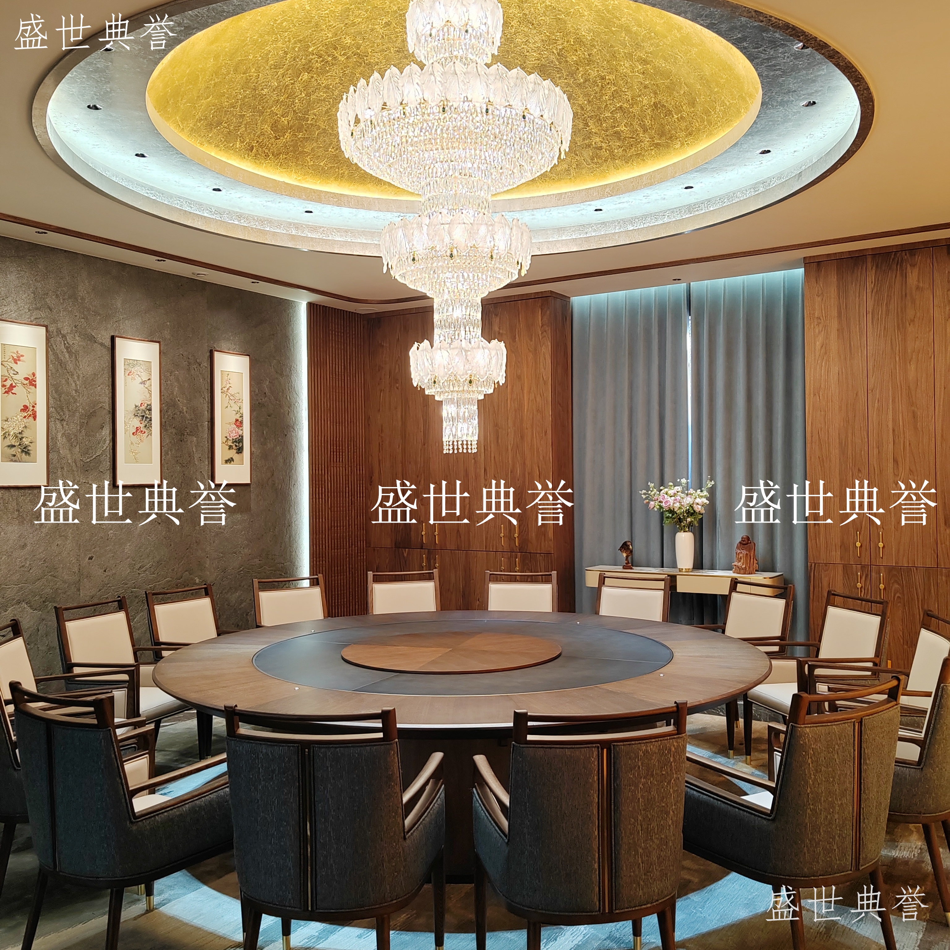 Suzhou Resort Hotel solid wood electric dining table and chair lifting mechanism, electric round table, light luxury flat revolving table for restaurants Item Picture