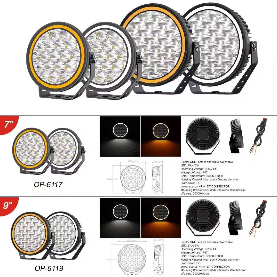 Car spotlights, off-road vehicle lights, car work lights, led spotlights installed on the front bumper, 9-inch LED work lights from Ouka details Picture