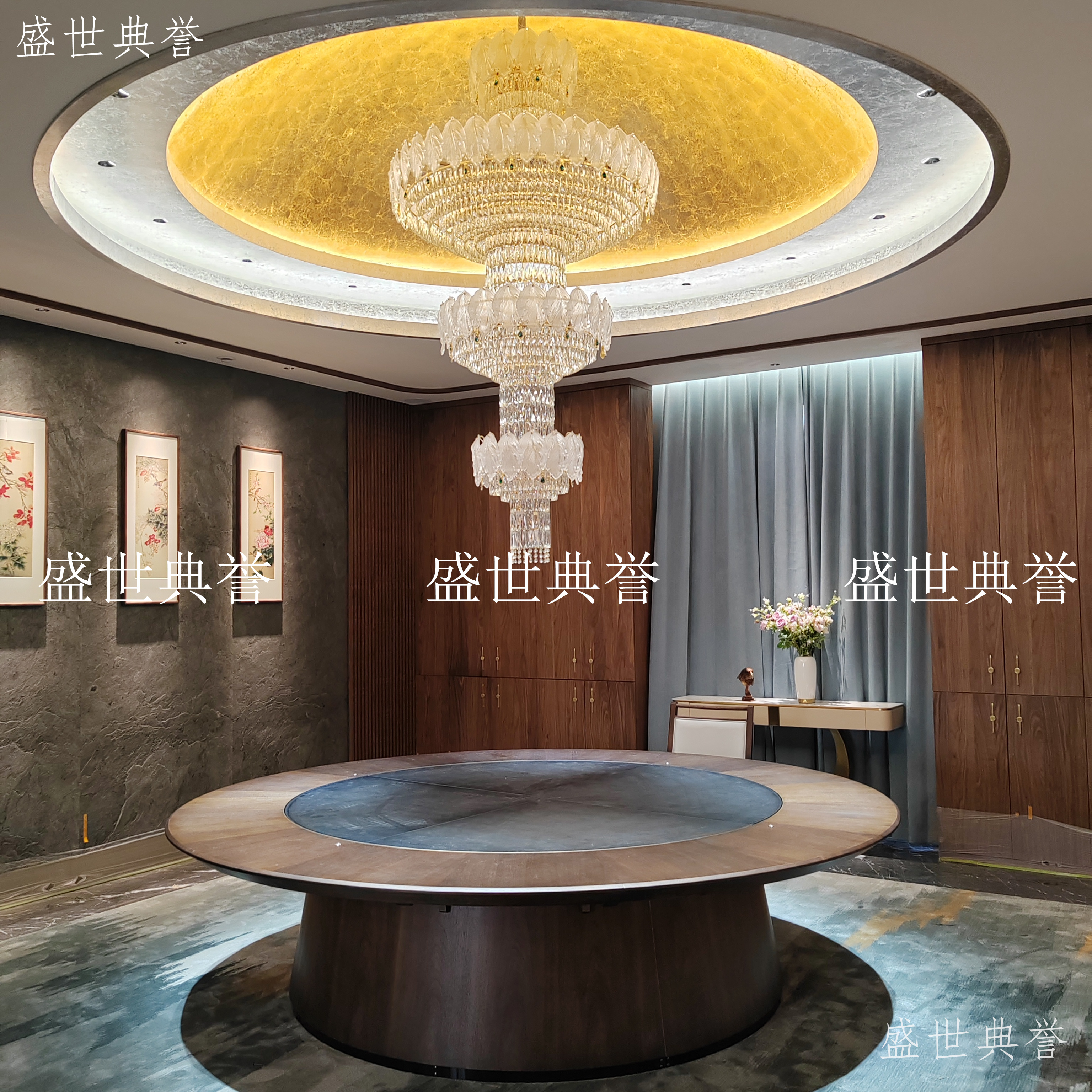 Changzhou Resort Hotel's solid wood electric dining table and chairs, seafood style, flat rotating table, round table, new type of lifting mechanism dining table Item Picture