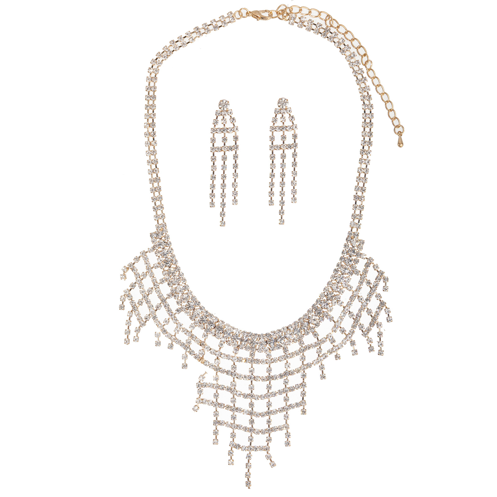 Wholesale of two-piece sets of fashionable grid tassel earrings and necklaces with three-dimensional hollowed-out design and sparkling rhinestones
