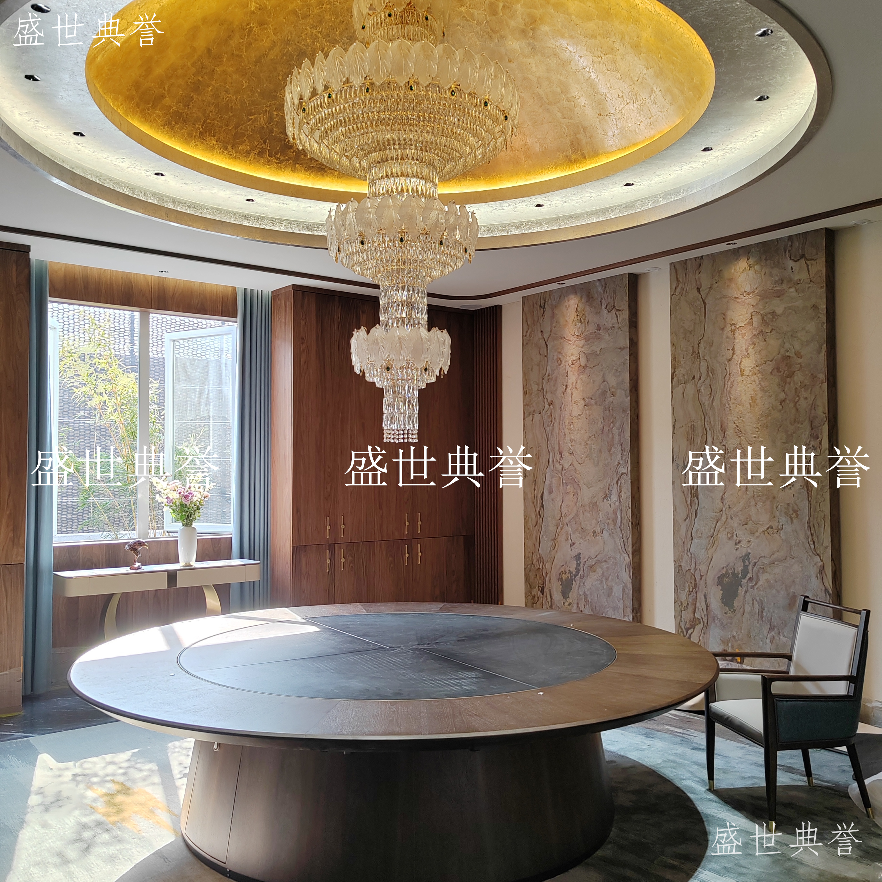 盐城国际酒店实木电动餐桌椅高端会所新中式大圆桌平转盘电动餐桌