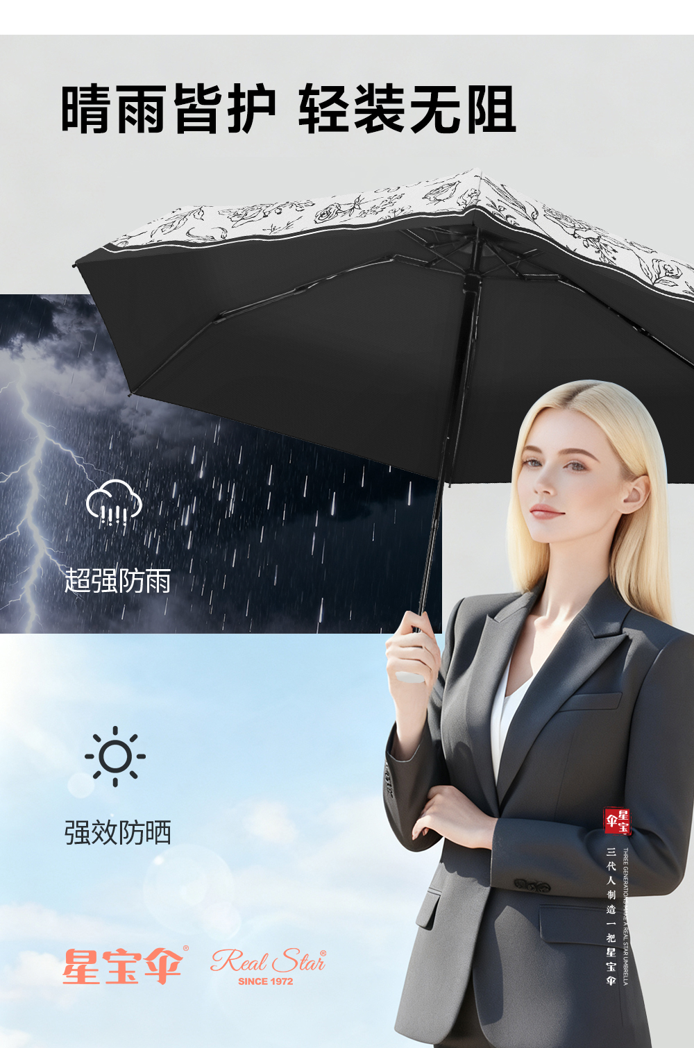 星宝伞5568复古风格小花伞五折口袋晴雨伞黑胶女士防紫外线雨伞小巧风格详情11