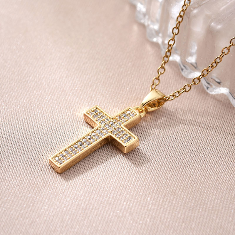 New copper-plated real gold cross necklace for cross-border trade in Europe and America, simple pendant accessories, Southeast Asian trend, versatile, set with zircon Specification image