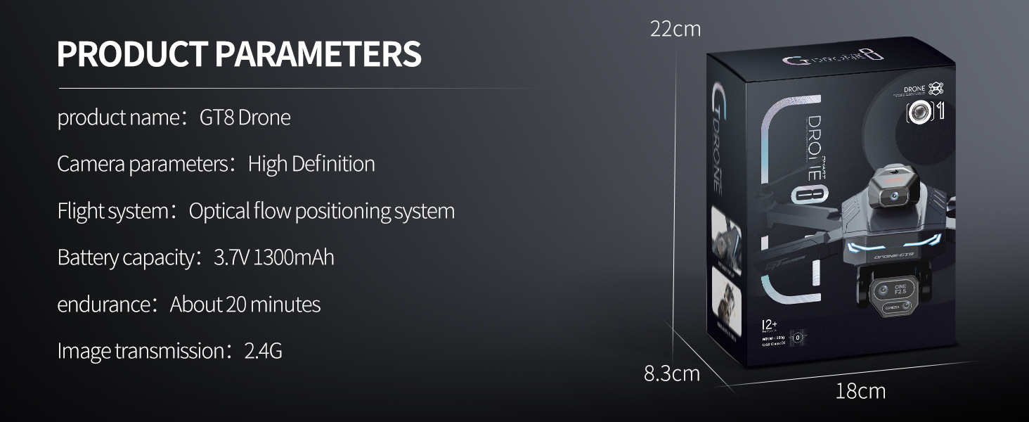 The GT8 drone features a triple-camera aerial photography system with a four-axis flight, battery level display, and an over-distance reminder. It is a remote-controlled toy aircraft pic 21