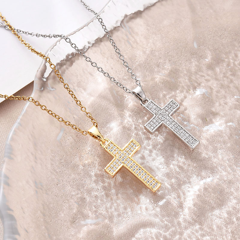 New copper-plated real gold cross necklace for cross-border trade in Europe and America, simple pendant accessories, Southeast Asian trend, versatile, set with zircon