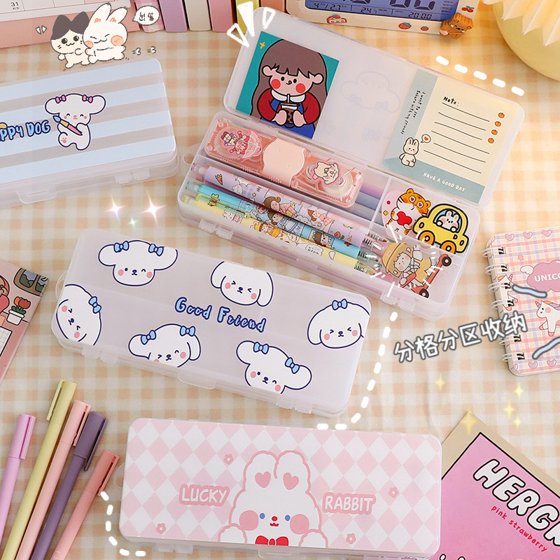 卡通大容量双层文具盒  简约少女心可爱铅笔盒 分类笔 袋批发